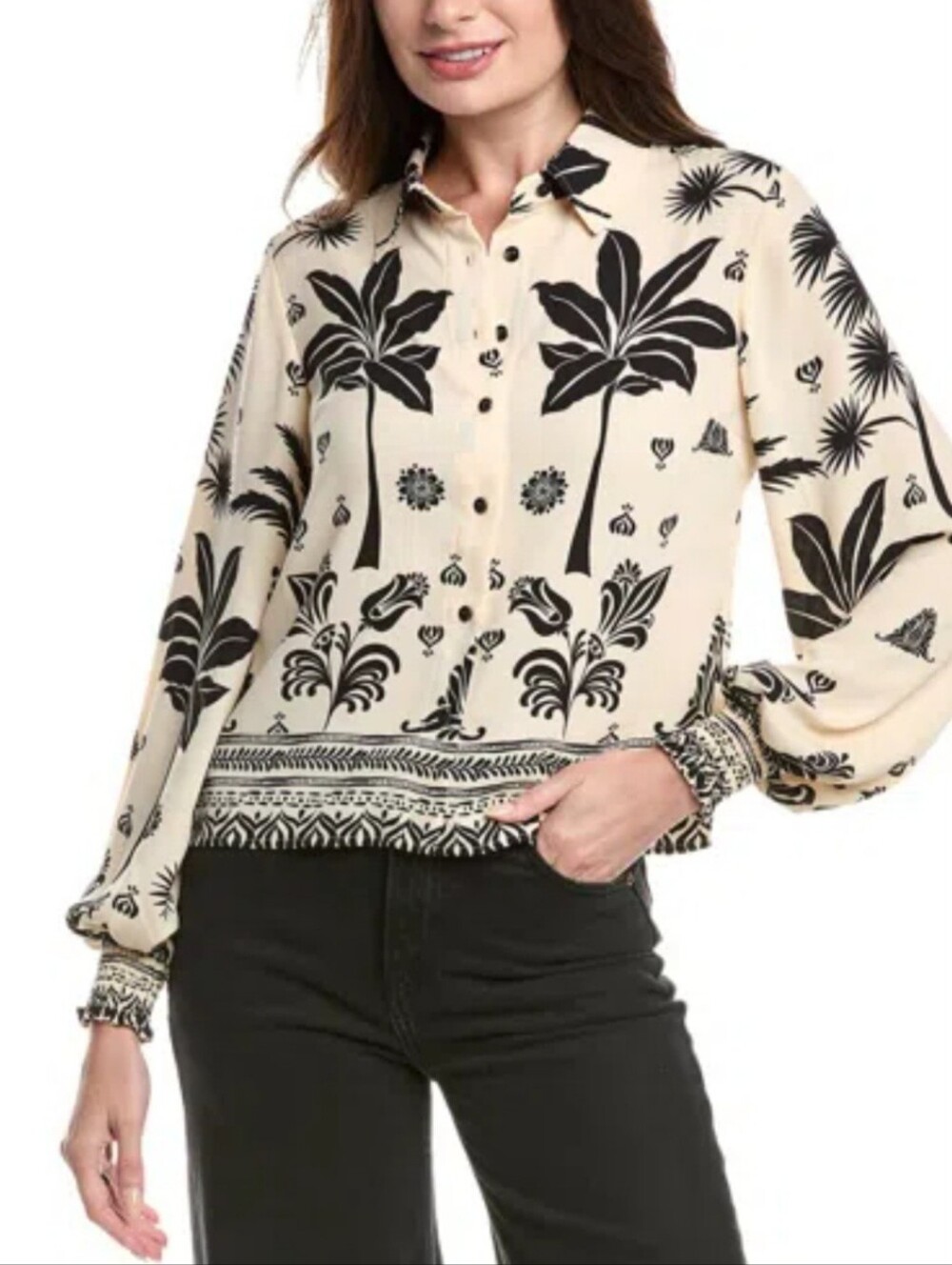NWOT Cabi | Marrakesh Button Down Top In Black Cream Tropical Palms Women Small - Picture 6 of 6